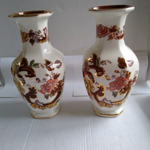 Masons Ironstone Brown Velvet Pair 6" Indian Vases Hand Painted
