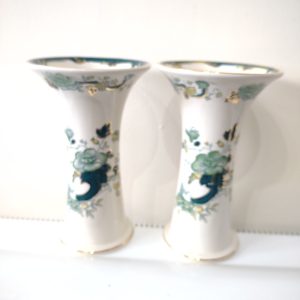 masons green chartreuse Pair Of Trumpet Vases Approx 8"